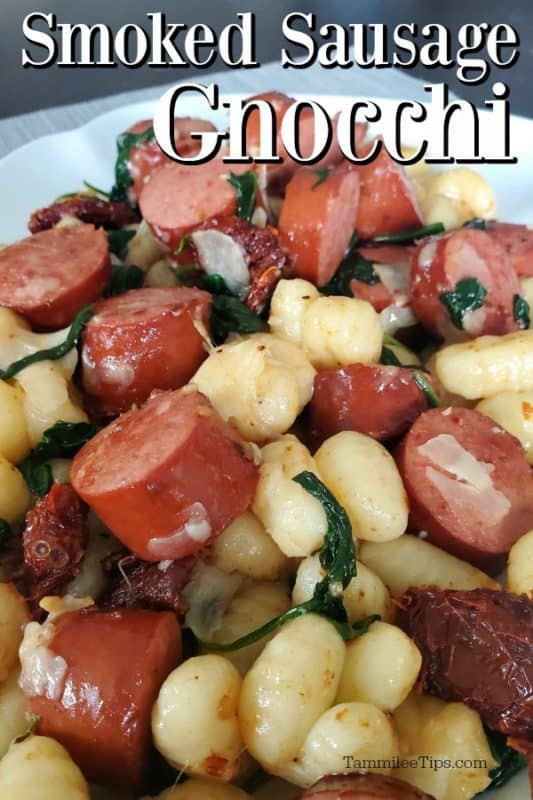 Smoked Sausage Gnocchi over a white plate filled with sausage, gnocchi, sundried tomatoes, and cheese 
