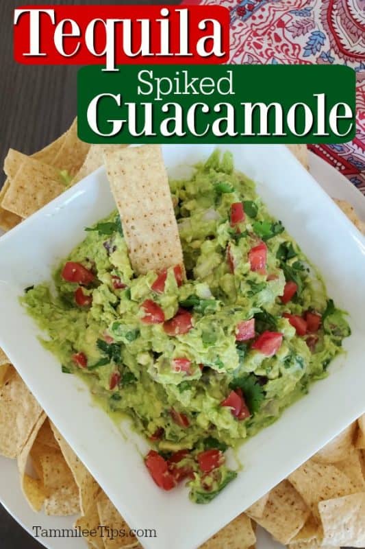 Tequila Spiked Guacamole text over a white bowl with quacamole
