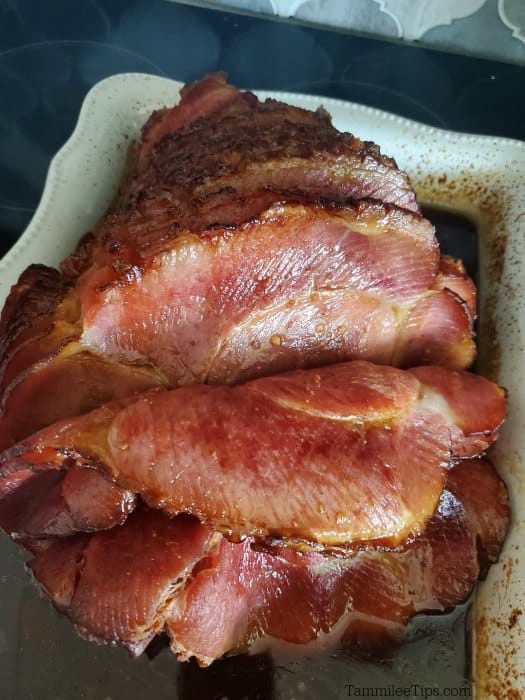 Spiral sliced bourbon ham in a baking dish 