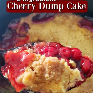 Crockpot 3 ingredient cherry dump cake text over a spoon holding cherry dump cake in a slow cooker
