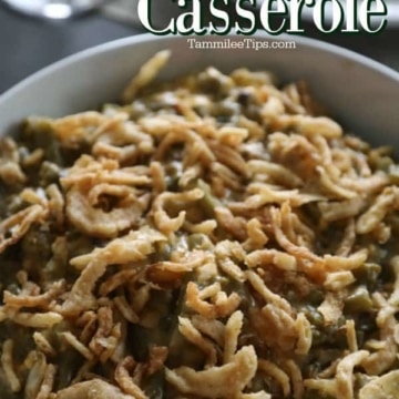 Crockpot green bean casserole text over a bowl of green beans with fried onions