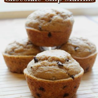 Pumpkin Chocolate Chip Muffins stacked on a placemat