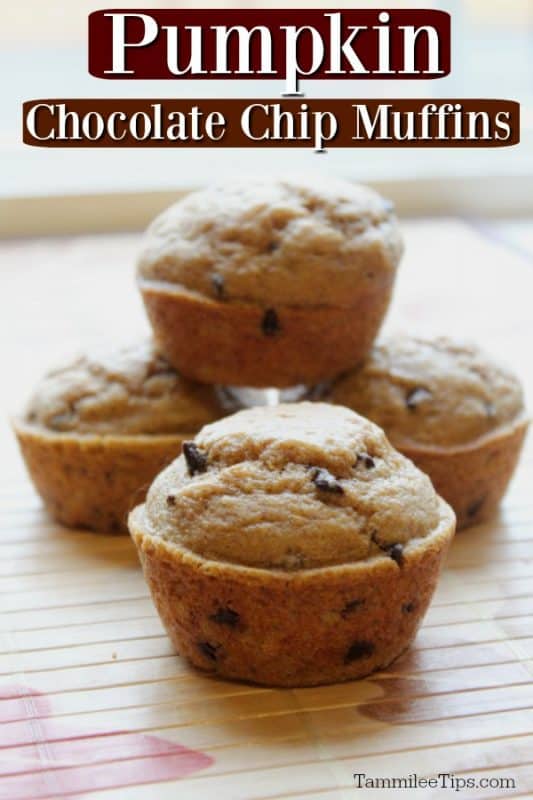 Pumpkin Chocolate Chip Muffins over a stack of muffins