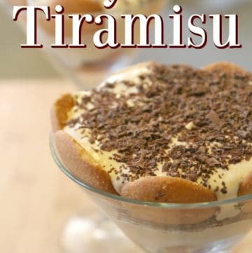 Easy Tiramius text over a martini glass with tiramisu and chocolate shavings