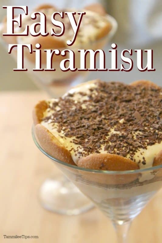 Easy Tiramius text over a martini glass with tiramisu and chocolate shavings