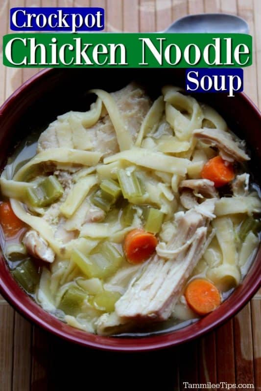 Crockpot Chicken Noodle Soup text above a red bowl filled with homemade chicken noodle soup