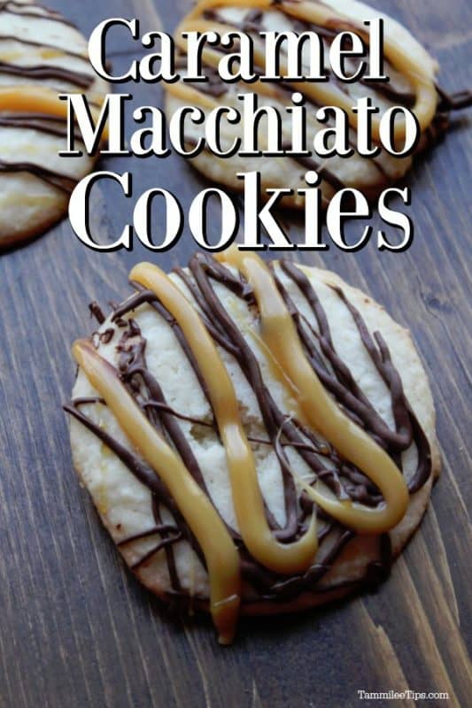 Caramel Macchiato Cookies text over a wood board with cookies with chocolate and caramel drizzle