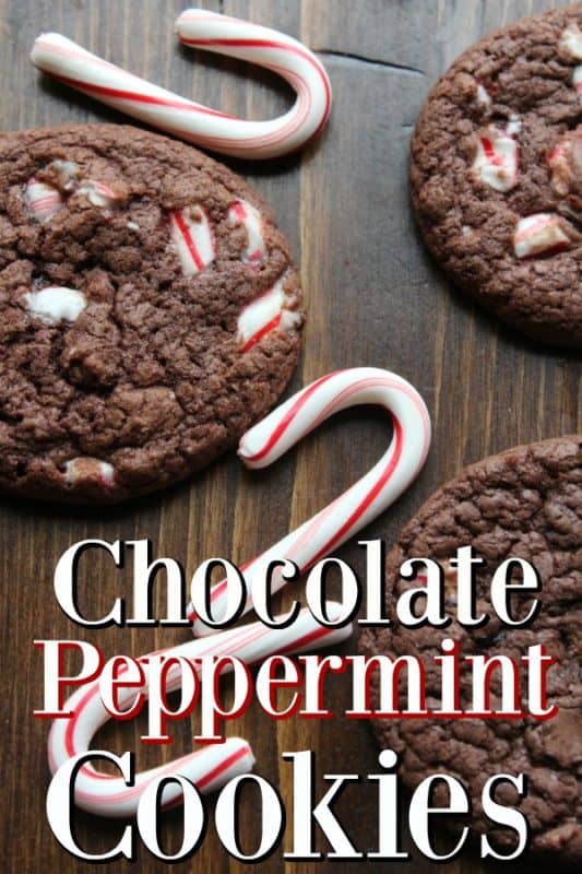 Chocolate Peppermint Cookies text next to candy canes and chocolate candy cane cookies