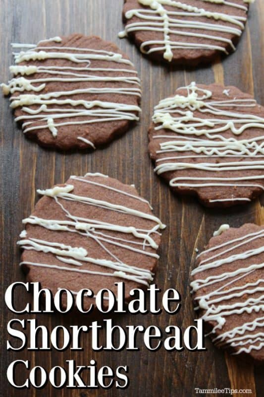 Chocolate shortbread cookies text under a wood board with cookies 