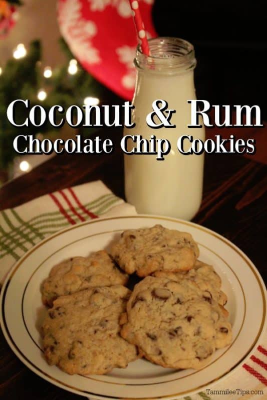 Coconut & Rum Chocolate Chip Cookies text over a plate of cookies next to a glass of milk with Christmas lights in the background