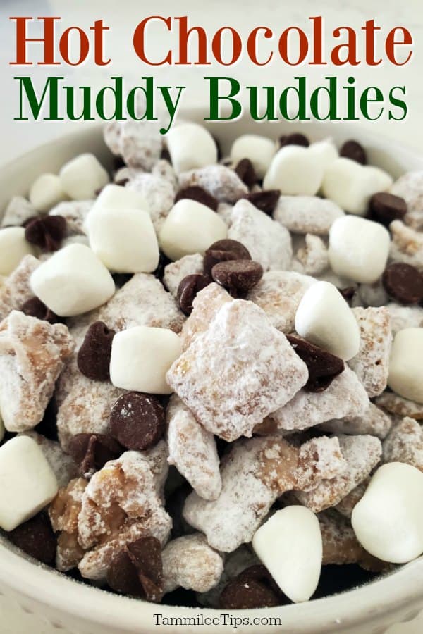 Hot Chocolate muddy Buddies text over a white bowl with mini marshmallows, mini chocolate chips and cereal