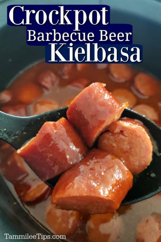 Crockpot barbecue beer kielbasa over a black spoon holding kielbasa over a slow cooker bowl 