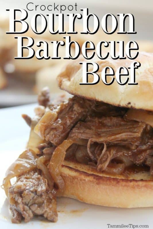 Crock Pot Bourbon Barbecue Beef over a sandwich with beef and onions