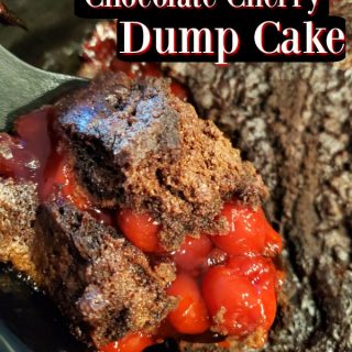 Crockpot Chocolate Cherry Dump Cake text over a spoon scooping chocolate cherry dump cake in a slow cooker