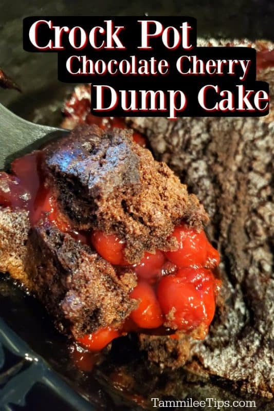 Crockpot Chocolate Cherry Dump Cake text over a slow cooker with cherry chocolate cake