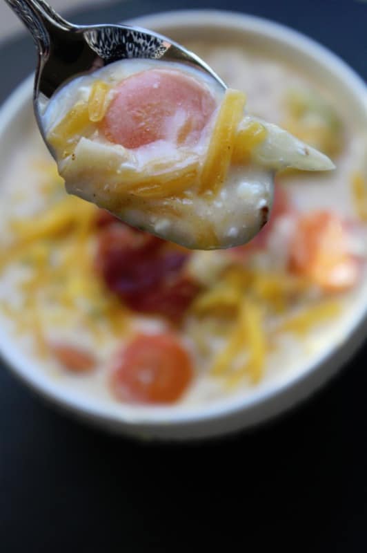 Beer cheese soup on a silver spoon above a bowl of soup