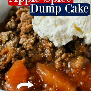 Crockpot Apple Spice Dump Cake text over a bowl with apple spice dump cake and vanilla ice cream