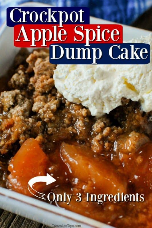 Crockpot Apple Spice Dump Cake text over a bowl with apple spice dump cake and vanilla ice cream