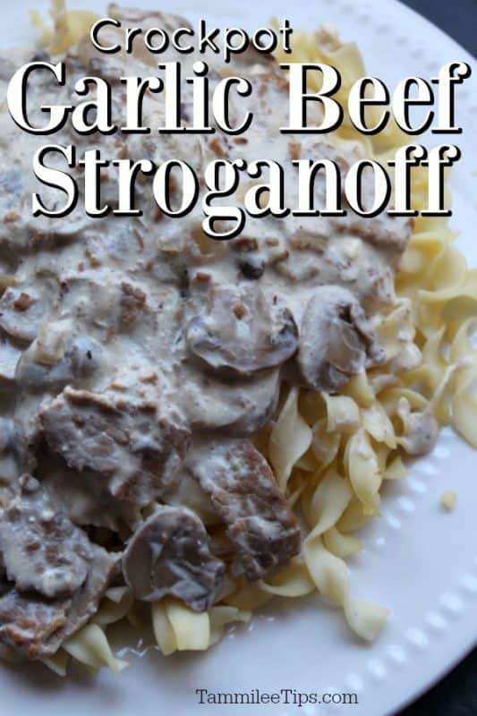 Crockpot Garlic Beef Stroganoff over a white plate filled with stroganoff and egg noodles