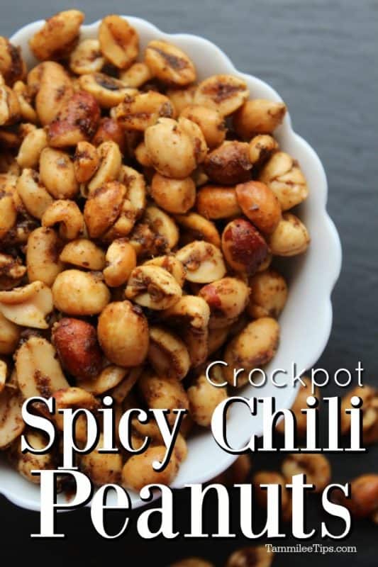 Crockpot Spicy Chili Peanuts over a bowl of chili nuts