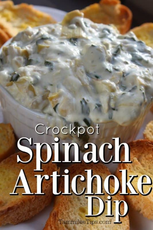 Crockpot Spinach Artichoke Dip text under a white bowl of dip surrounded by toast points