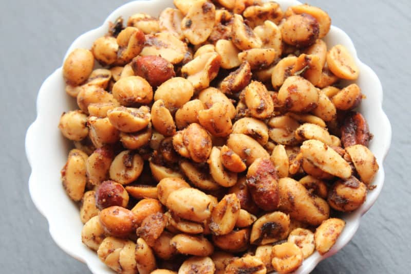 Chili nuts in a white bowl