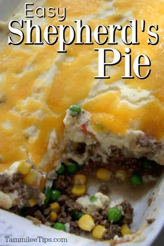 Easy Shepherds Pie over a cheese covered shepherds pie in a white baking dish