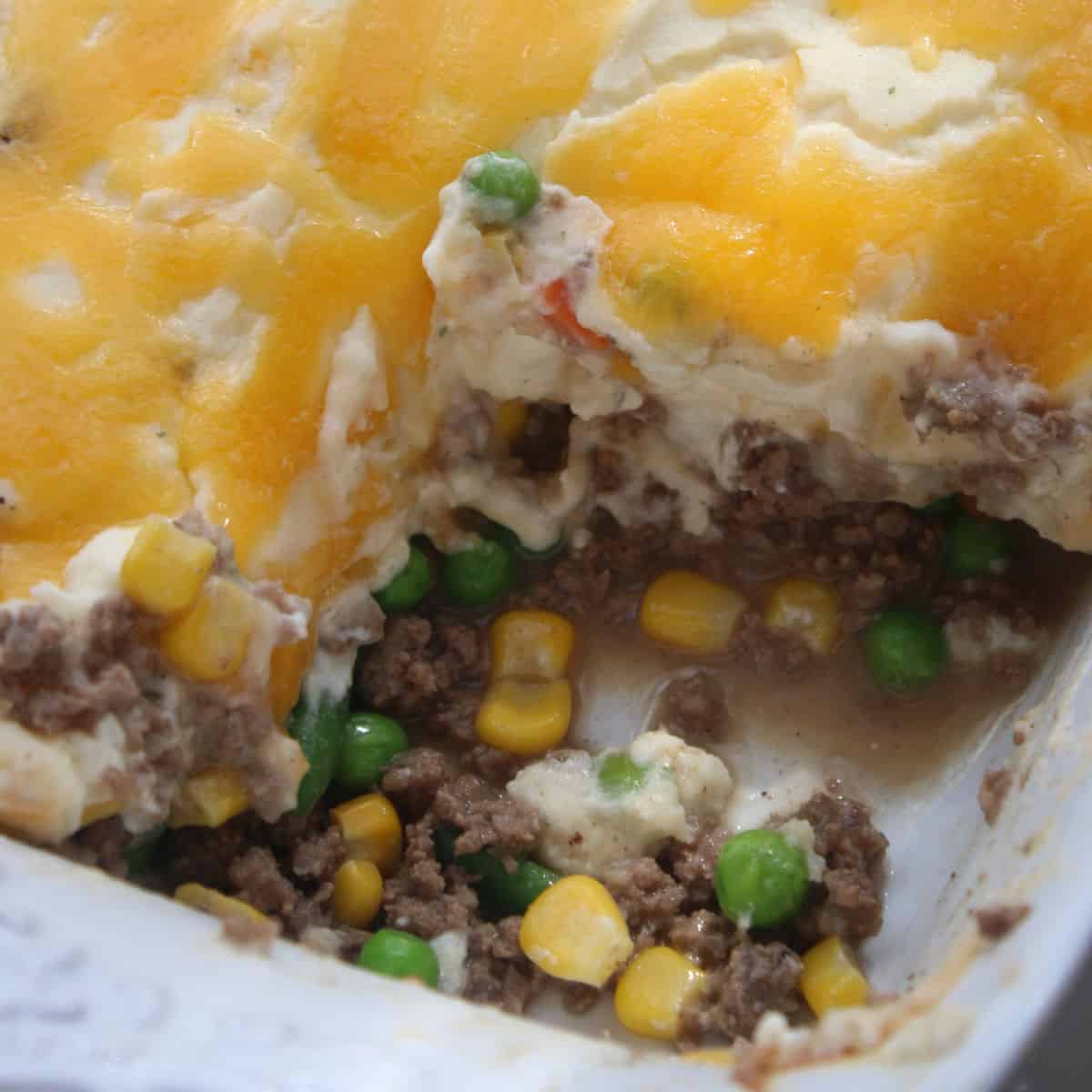 Shepherds pie in a white baking dish