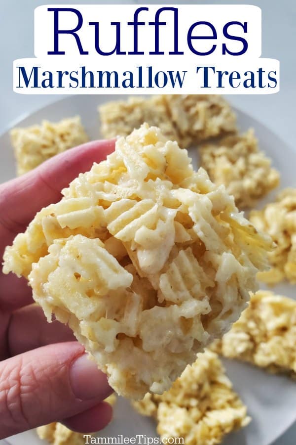 Ruffles marshmallow treats on a white plate with one hand held
