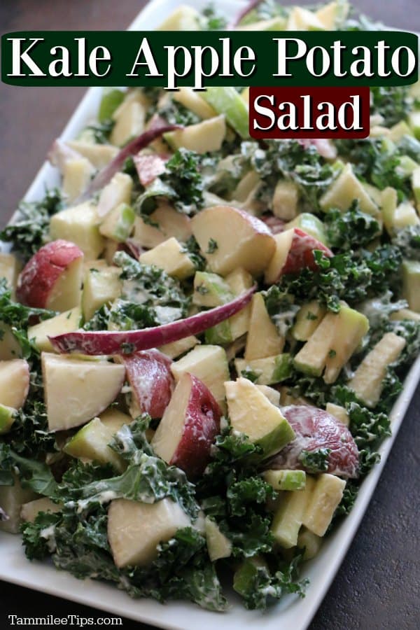 Kale apple potato salad on a white platter