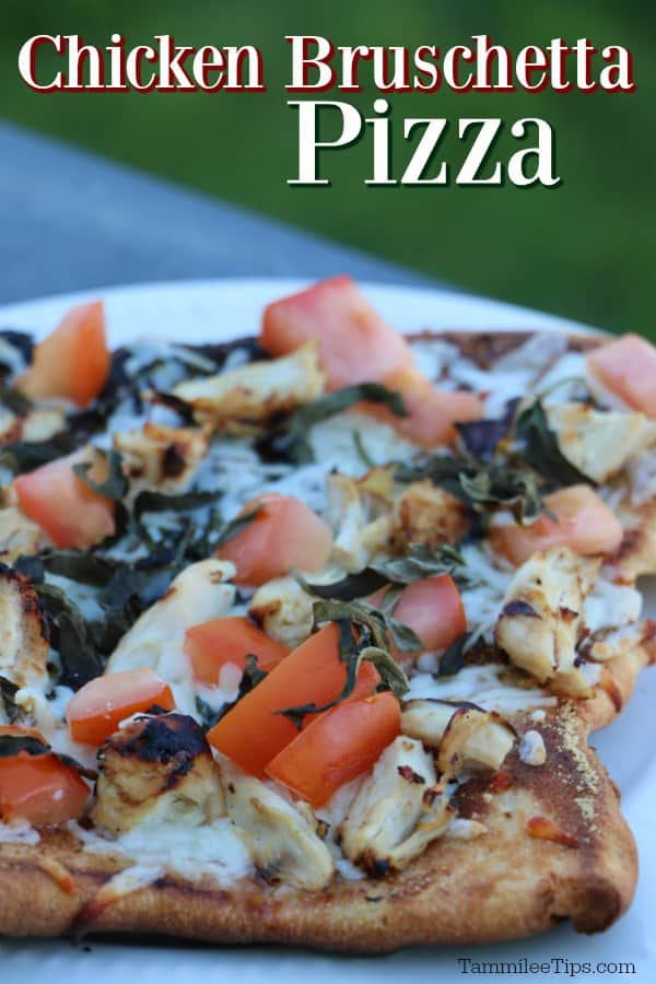 Chicken Bruschetta Pizza text over a white plate with pizza