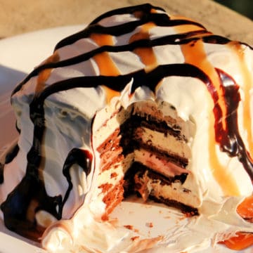 Chocolate Caramel Ice Cream Cake on a white platter