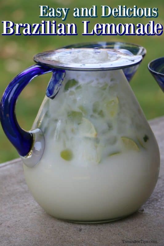 Easy and delicious Brazillian lemonade over a pitcher filled with lemons and lemonade. 