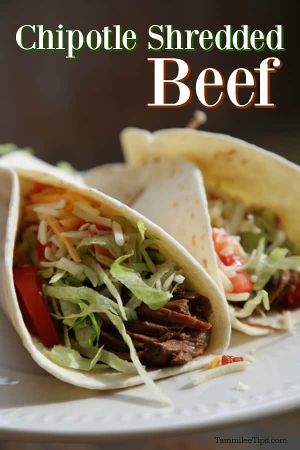 Chipotle Shredded Beef text over two beef tacos