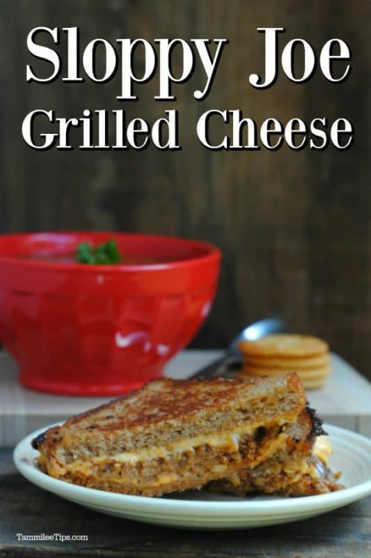 Sloppy Joe Grilled Cheese over a plate with a cut grilled cheese and a red bowl with tomato soup