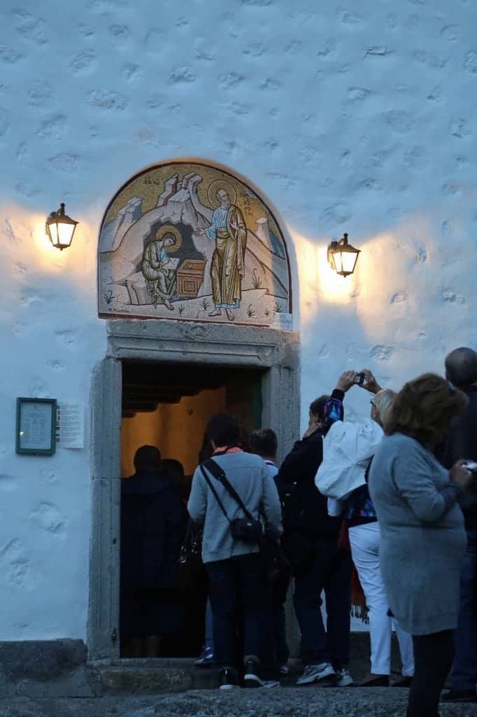 Blog entering church in Patmos Greece