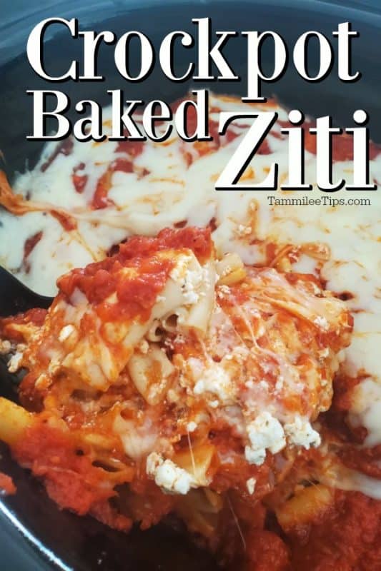 Crockpot Baked ziti over a spoon scooping pasta and cheese