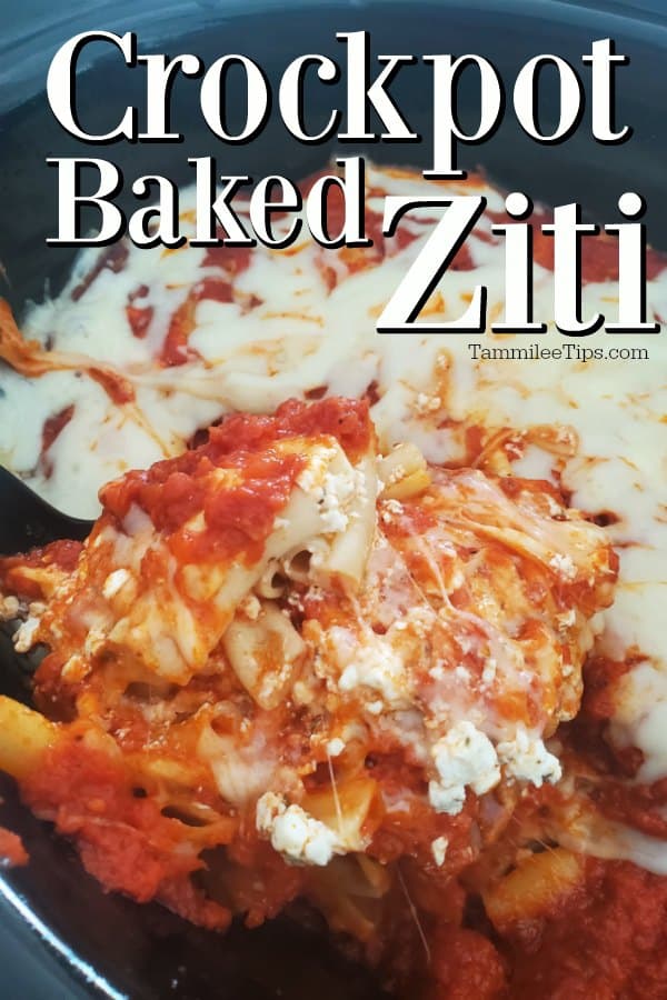 Crockpot Baked Ziti text over a slow cooker filled with pasta and cheese