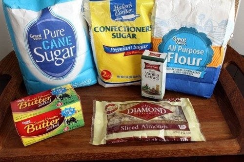 Ingredients for Snowball Cookies, sugar, flour, almonds, butter, vanilla