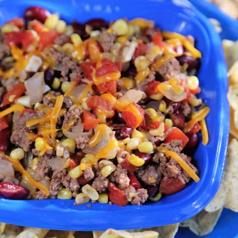 beer chili in a blue bowl