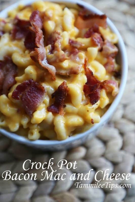 Crockpot Bacon Mac and Cheese below a white bowl filled with bacon macaroni and cheese 