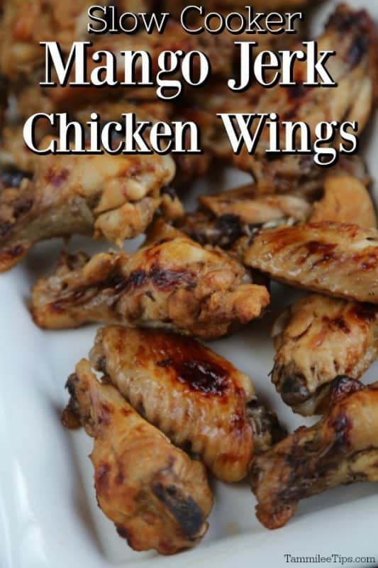 Slow Cooker Mango Jerk Chicken Wings on a white platter