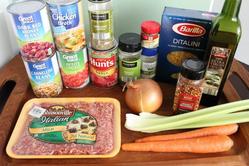 Olive Garden Pasta Fagioli Soup Recipe ingredients kidney beans, chicken broth, cannellini beans, sausage, onion, celery, carrots, olive oil, ditalini pasta