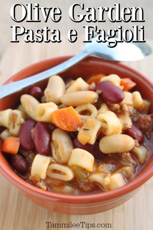 Olive Garden Pasta e Fagioli text over an orange bowl filled with soup and a silver spoon