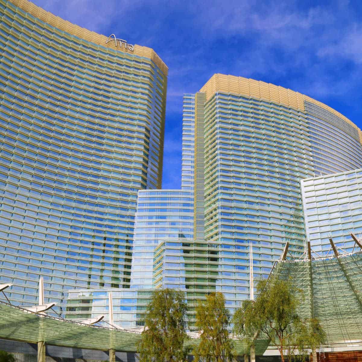 Aria Hotel exterior with blue skies