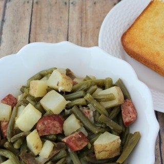 Crockpot Green Beans and Kielbasa is a great family side dish or main meal. So easy to make and a great comfort food