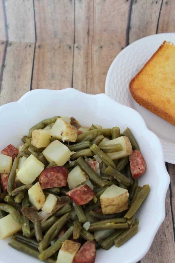 Crockpot Green Beans and Kielbasa is a great family side dish or main meal. So easy to make and a great comfort food