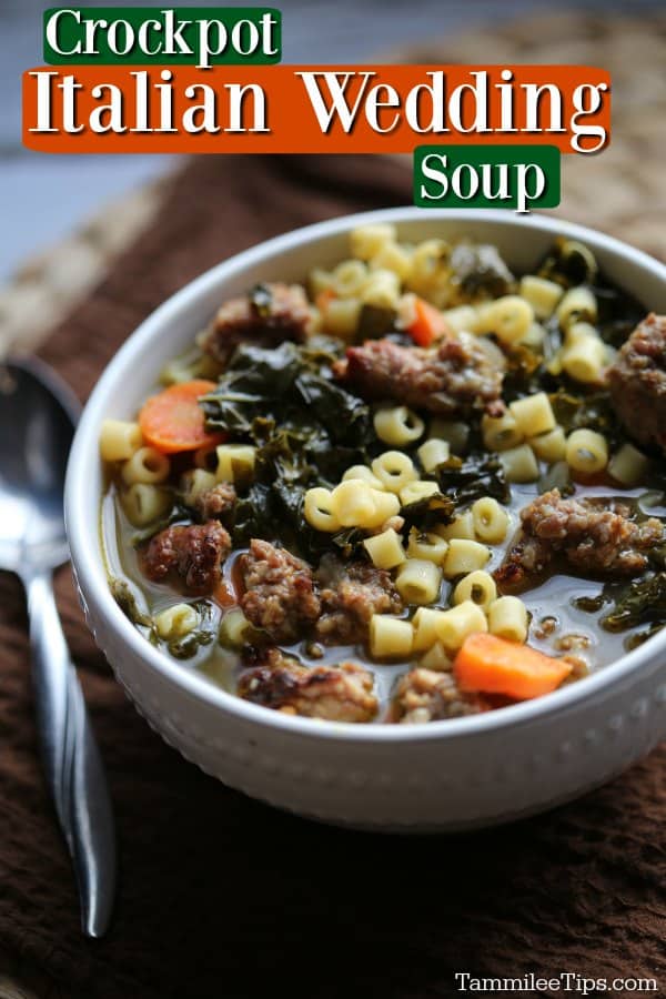 Crockpot Italian Wedding Soup text over a white bowl filled with soup