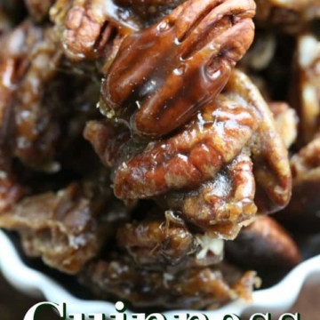 Guinness Glazed Pecans in a white bowl