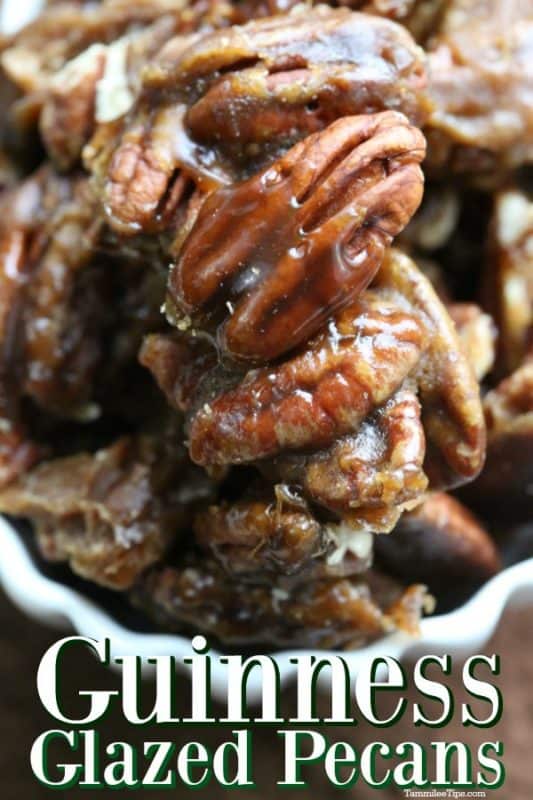 Guinness Glazed Pecans under a bowl filled with pecans